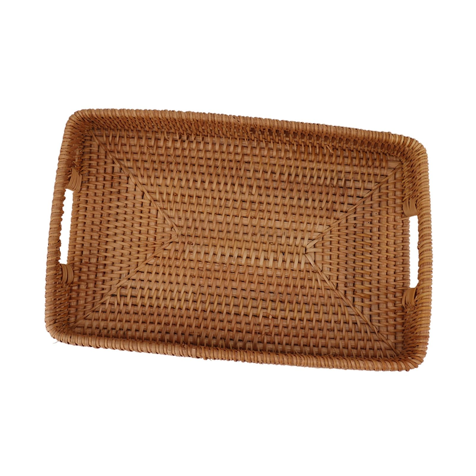Jiawu Bandeja de Mimbre para Servir con Asas, Bandeja Decorativa Rectangular de Gran Capacidad para Frutas, Postres, Cocina y Hogar (L)