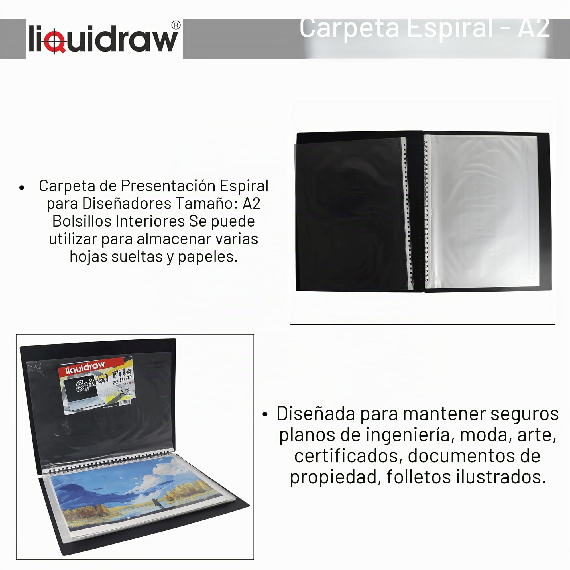Liquidraw Estuche tipo portafolio de arte A2, 20 fundas, tamaño de la manga: 61 cm x 45 cm, carpeta de almacenamiento en espiral ideal para artistas, arquitectos, dibujo, pintura, almacenar documentos
