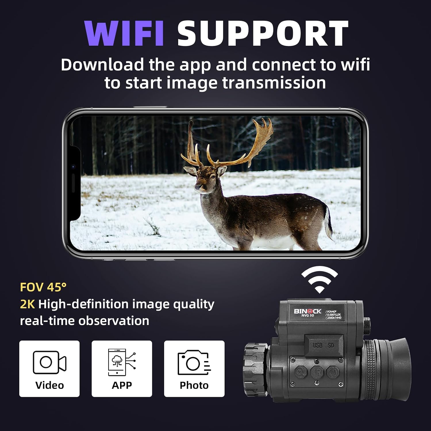 BINOCK NVG50 Night Vision Monoculr - Helmet Mounted Digital Night Vision Scope with WiFi 1-4X Zoom, 4 Color Modes & 940nm IR, HD Recording for Home, Camping, Outdoor Use
