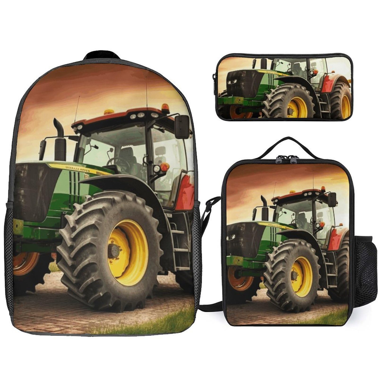 Bvkwntsa Tractor Theme Teen Printed Schoolbag With Lunch Box And Pencil Case 3 In 1 Backpack