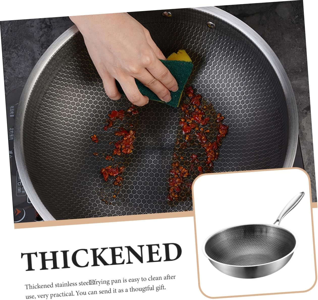 VALICLUD Stainless Steel Non-Stick Wok Pan Lid Heavy Duty Frying Pan for Induction and Gas Stoves Multi-Function Kitchen Cookware for Stir-Frying and Everyday Cooking