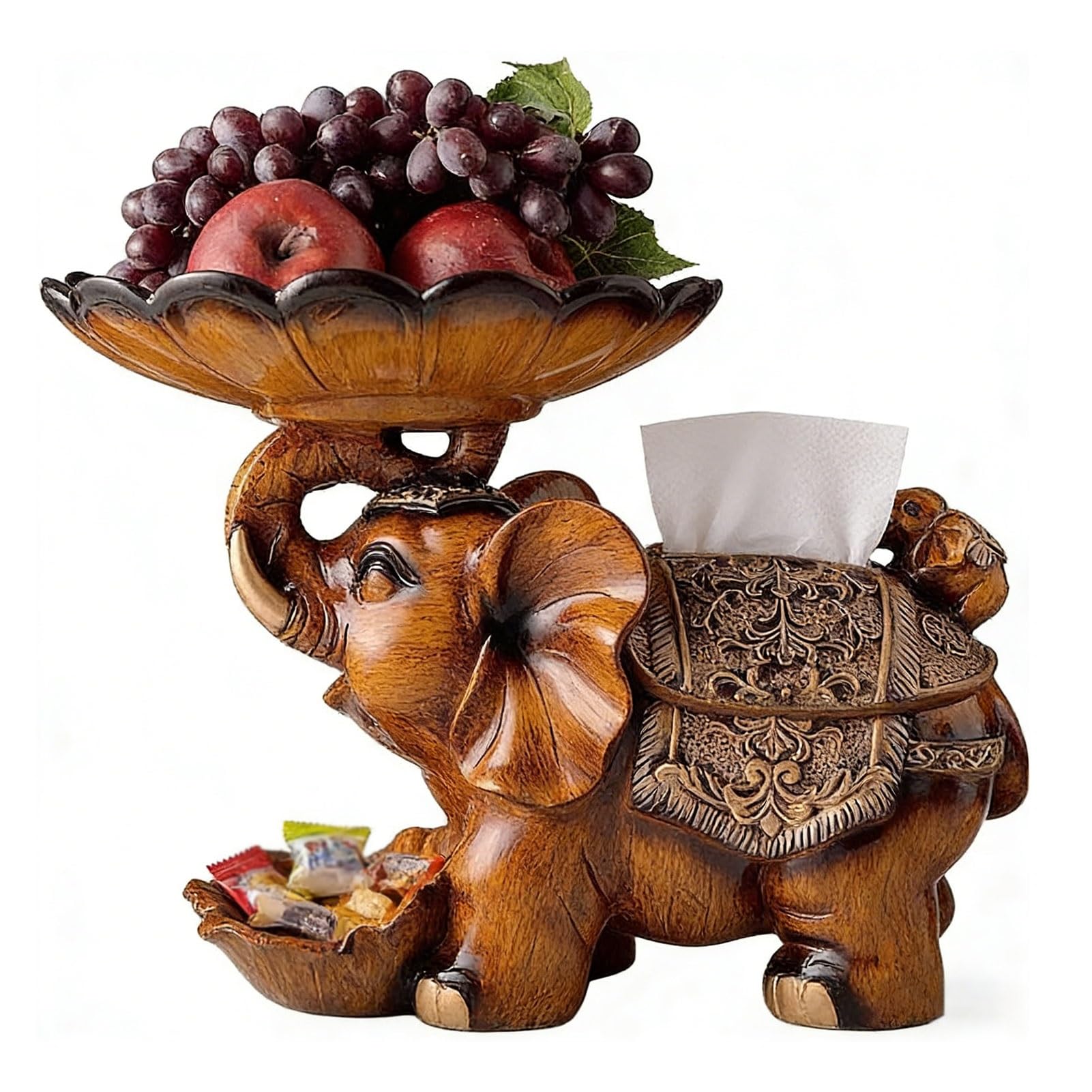 Pokrowiec Na Pudełko Chusteczek 3 W 1 W Kształcie Słonia, Ozdobny Pojemnik Na Chusteczki Z Żywicy, Organizer Na Przekąski I Owoce W Stylu Vintage Imitacja Drewna Do Przechowywania W Domu