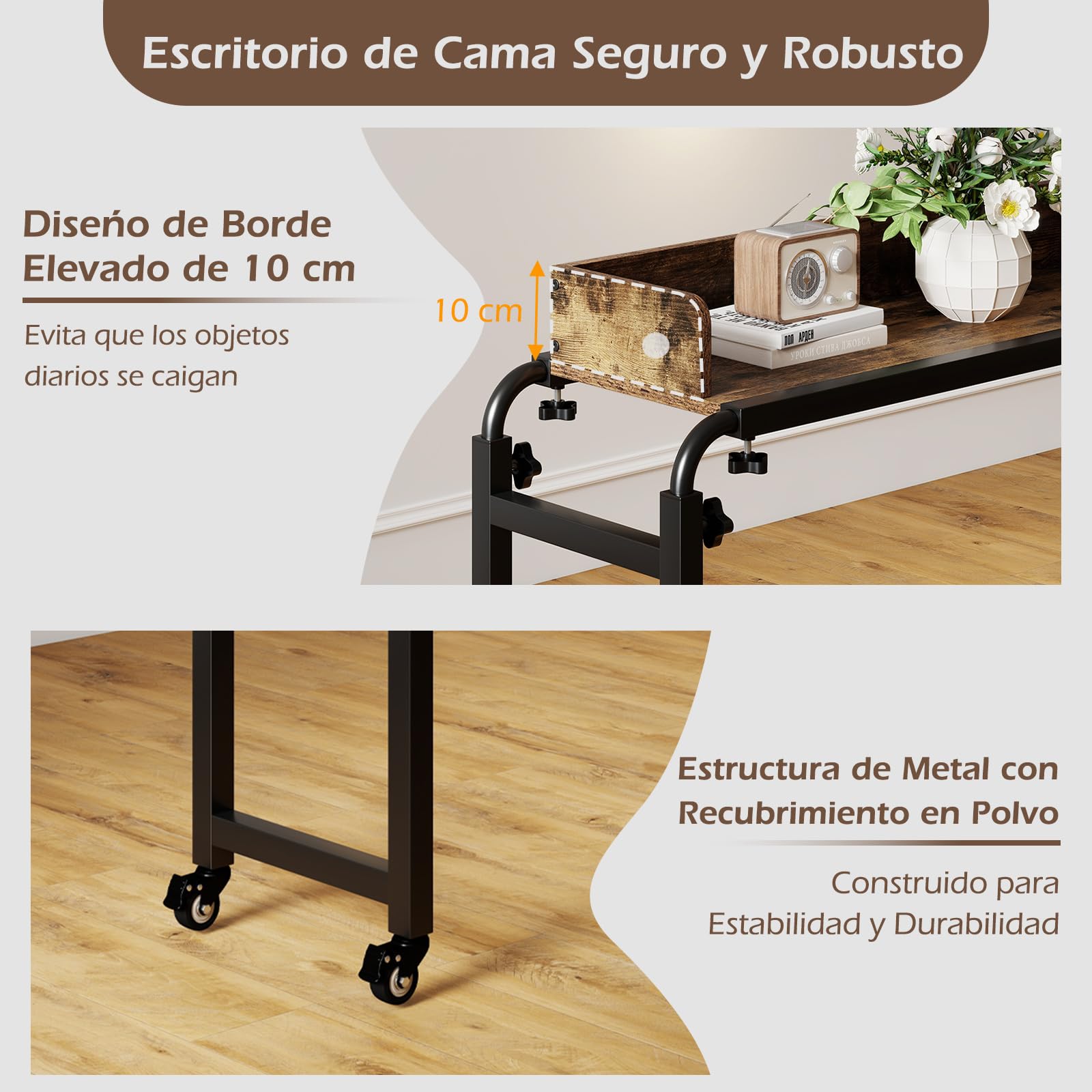 GYMAX Mesa de Cama Rodante Ajustable, Escritorio Móvil Versátil de 117 X 35 CM, Altura y Anchura Modificables, Compatible con Varias Camas, Diseño Industrial Moderno, para Hogar, Oficina, Hospital