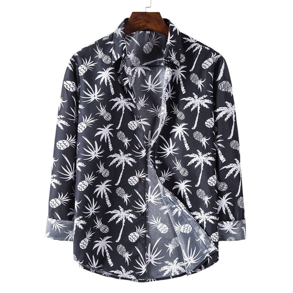 HGJH Hawaii Hemd Männer, Herrenhemd Kurzarm Weiß Kokospalme Ananas Aufdruck Hawaiihemd Kuba-Kragen Schwarz Langarm Button Down Weiches Strandhemd Henley-Shirt Für Männer Jungen