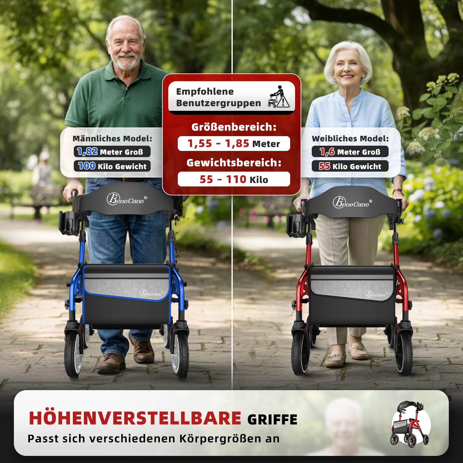BeneCane Rollatoren Outdoor, Rollator Faltbar und Leicht mit Sitz, Aufstehhilfe, Gehhilfe für Senioren, Leicht Klappbar, Höhenverstellbar, Reiserollator mit Sitzfläche, Rückengurt, Tasche, Gehwagen