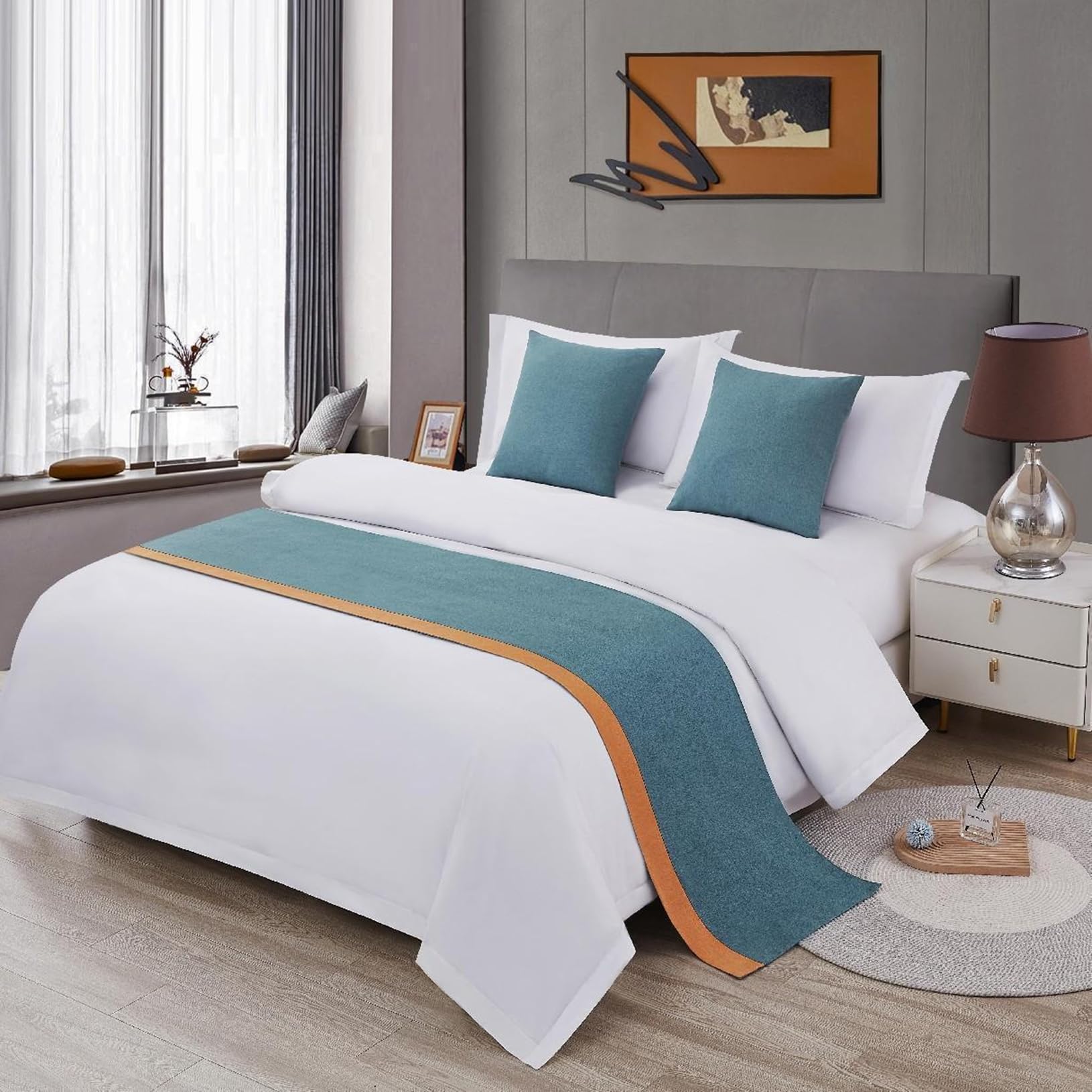 TTiiLoe Hotel Bed Runner Double-sided Bed Cover, Cotton Linen Bed Scarves Bedspreads Throw Decor Protection, F-Blue Orange, 50 * 240cm for 1.8m Bed