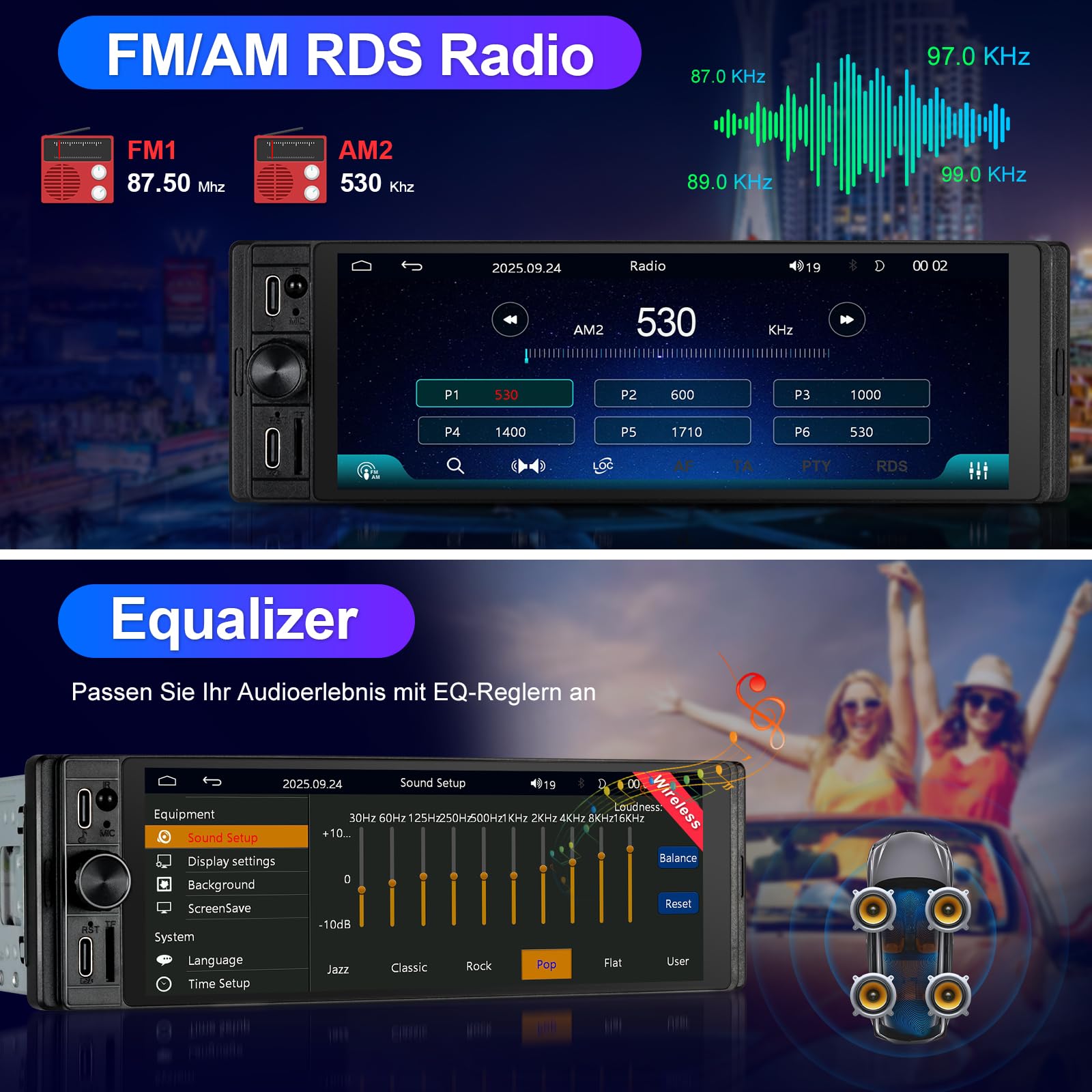 1 DIN Radio Kompatibel mit Wireless CarPlay & Android Auto, Autoradio 1Din mit 6,28 Zoll HD Bildschirm, Navi, Bluetooth, AM/FM/RDS, TF, AUX, SWC