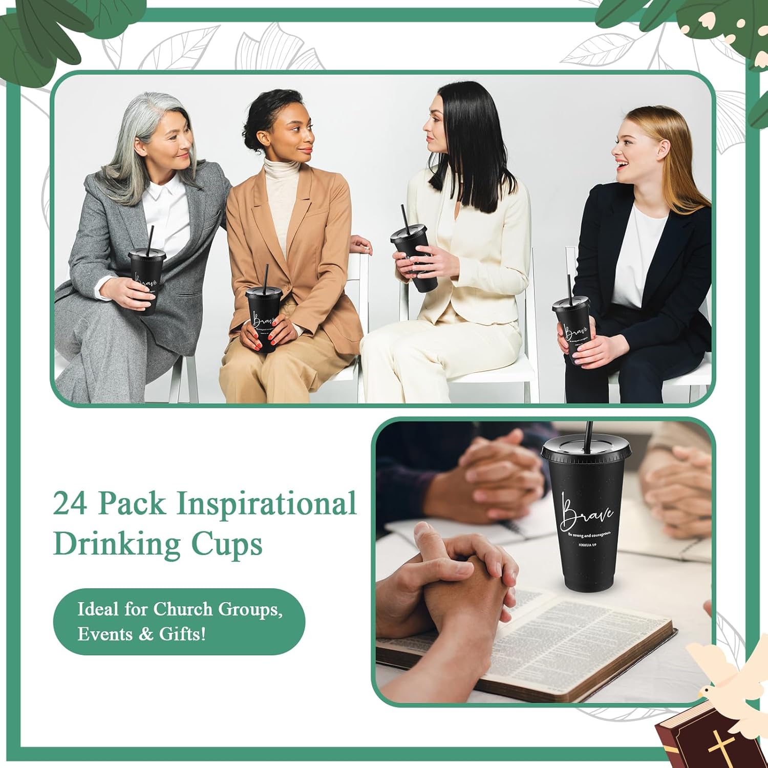 36 Set Christian Easter Gift Bulk for Women Mom Dad 24 oz Plastic Cup Inspirational Bible Verse Tumbler Religious Drinking Cup with Lid Straw for Church Sunday School Teacher (Black)