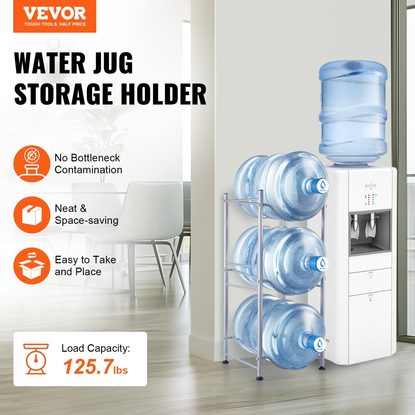 VEVOR in Ferro a 3 Livelli per Acqua in Bottiglia per 3 Bottiglie, 18,9 L, per 3 Bottiglie, Resistente per Cucina Ufficio Soggiorno Argento
