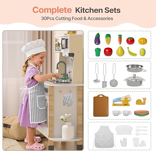 Miniatura 4 de BIERUM Juego de cocina para niños, juego de cocina de madera para niños pequeños con luces y sonidos reales, juguetes de altura ajustable de cocina