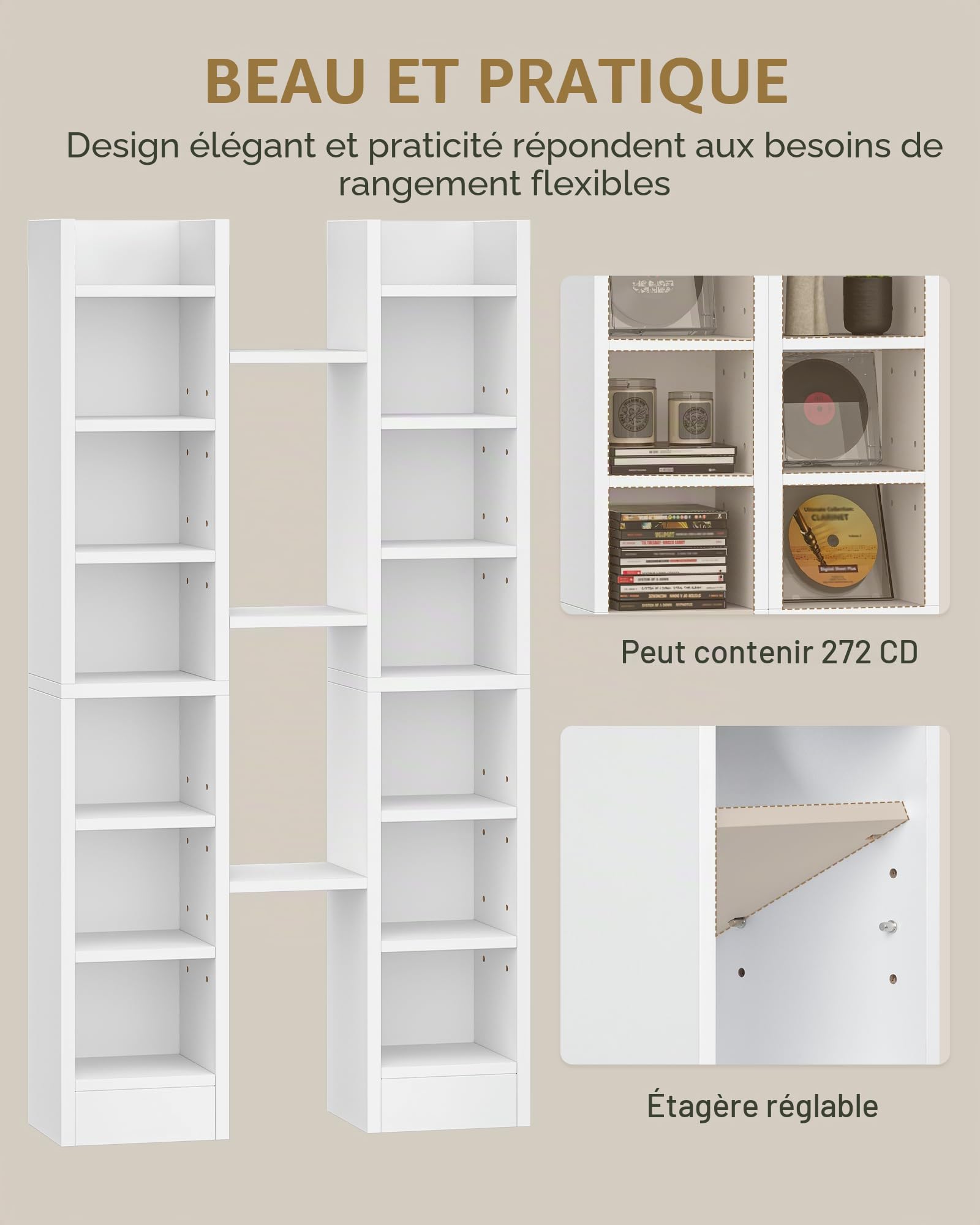Hzuaneri Étagère CD, Étagère Bibliothèque à 14 Niveaux, Étagère Rangement CD/DVD, Meuble de Rangement pour CD, pour le Salon, Chambre 17 x 20 x 213 cm Blanc CR21403X