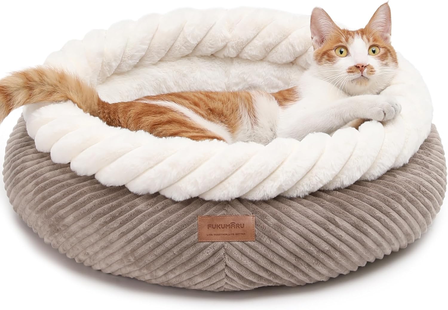 FUKUMARU Cat Beds for Indoor Cats, Washable Round Donut Cat Bed, Super Soft Cute Dog Bed for Small Dogs and Puppy, Cozy Plush Faux Fur Calming Pet Bed with Anti-Slip Bottom, 53 cm, Camel