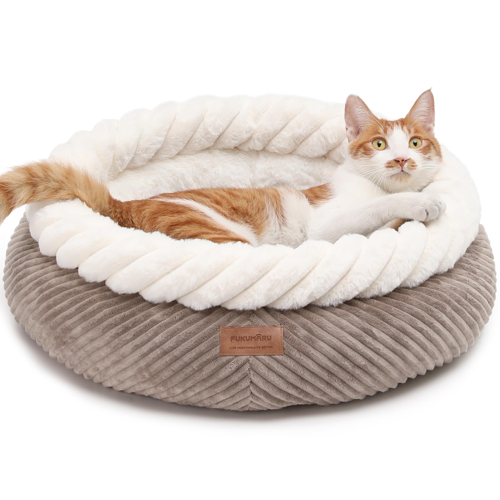 FUKUMARU Cat Beds for Indoor Cats, Washable Round Donut Cat Bed, Super Soft Cute Dog Bed for Small Dogs and Puppy, Cozy Plush Faux Fur Calming Pet Bed with Anti-Slip Bottom, 53 cm, Camel
