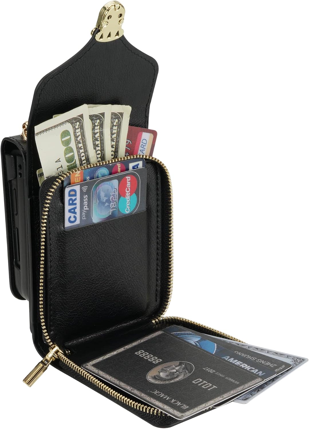 Wallet Case for Samsung Galaxy Z Flip 3, Matte Leather with Viewing Stand Camera Lens Protection Shockproof Multiple Card Holders Cover Shoulder Straps Zipper case Cover