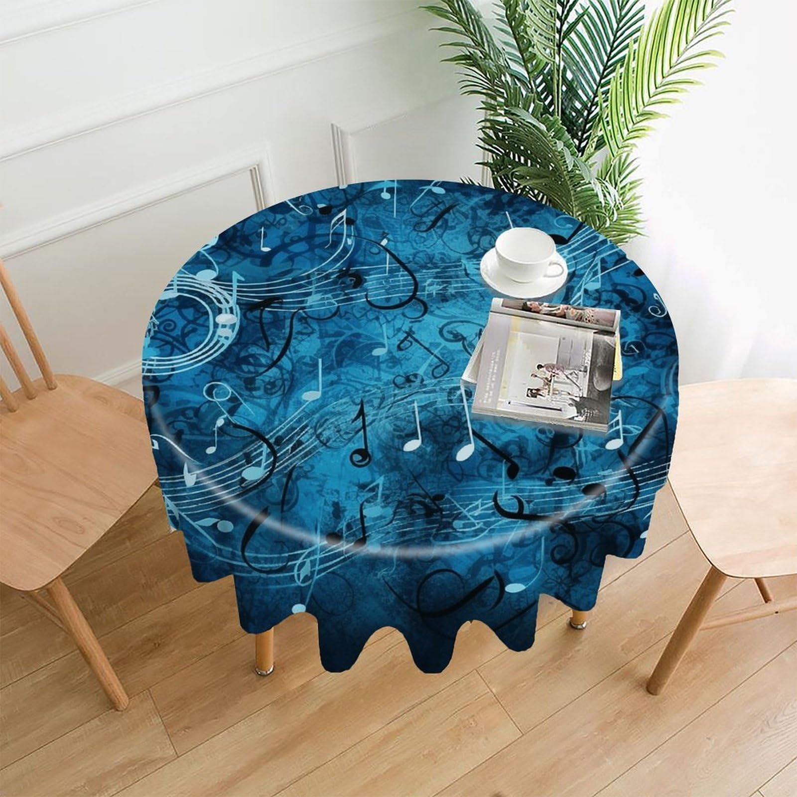 VstaDank Blue Musical Notes Tablecloth Easy to Clean Polyester Round Table Cover Washable Round Table Cloth Wrinkle-Free Circle Decoration Tablecloth for Kitchen Dining Room 60"