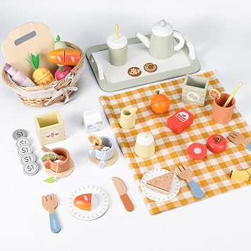 Pithfor Picnic Playset & Wooden Tea Party Set - Wooden Play Food Set, Play Tea Set for Kids Kitchen, Pretend Play Kitchen Food Toy for Toddlers Girls Boys 1 2 3 4 5 Years Old