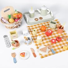 Pithfor Picnic Playset & Wooden Tea Party Set - Wooden Play Food Set, Play Tea Set for Kids Kitchen, Pretend Play Kitchen Food Toy for Toddlers Girls Boys 1 2 3 4 5 Years Old