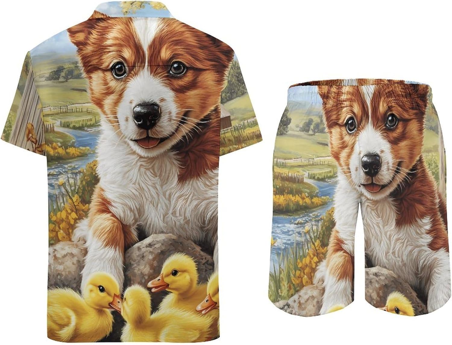 Puppy Dog Yellow Ducklings Men's Summer Beach 2 Piece Outfits | hawaiian button down shirt and shorts,vacation cruise,mens bathing suit