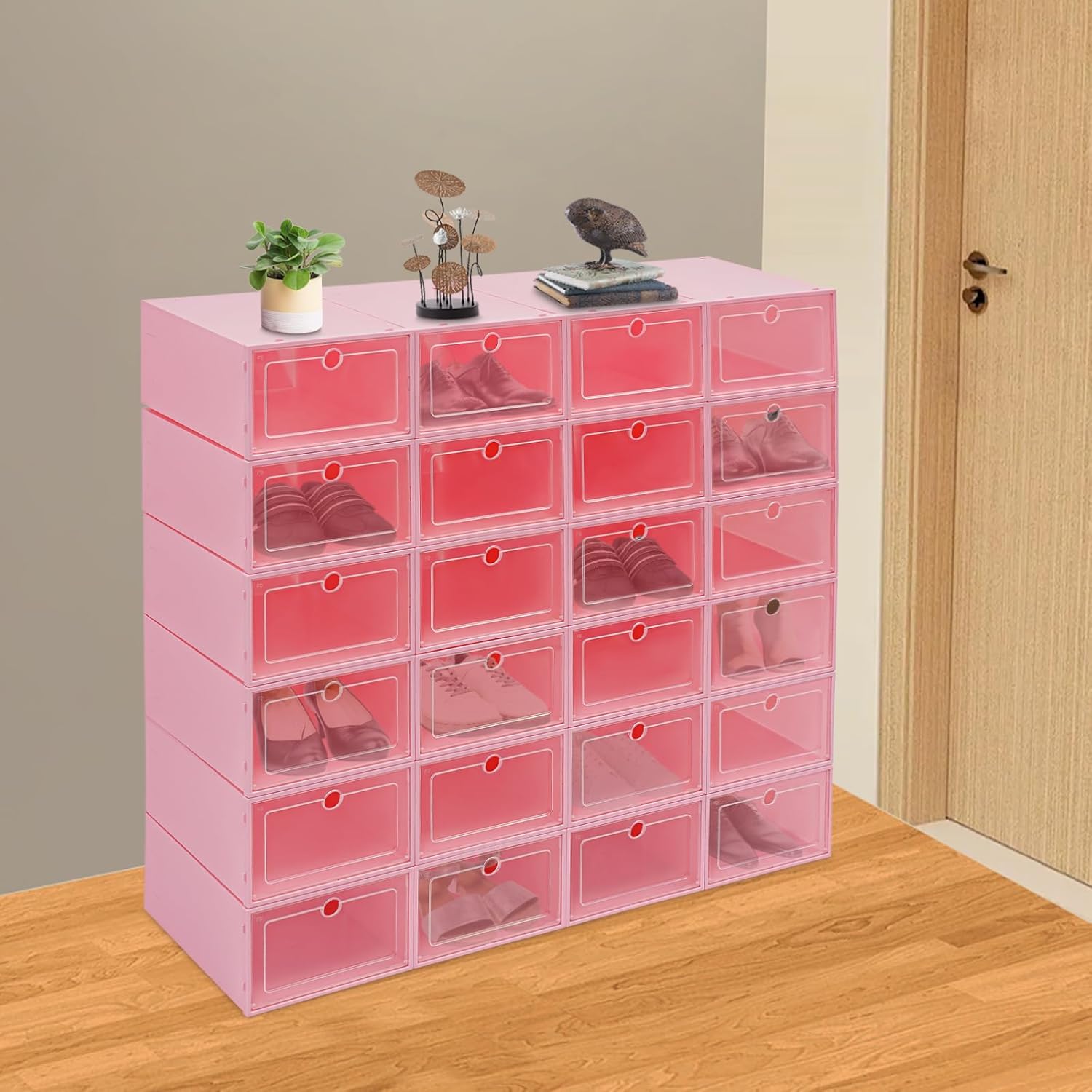 Shoe Storage Boxes Organizers, Clear Plastic Stackable 24 Pack, Shoe Rack & Holder Substitute, Sneaker Containers, Toy Storage Organizer Bins for Entryway, Closet, Under Bed, Pink