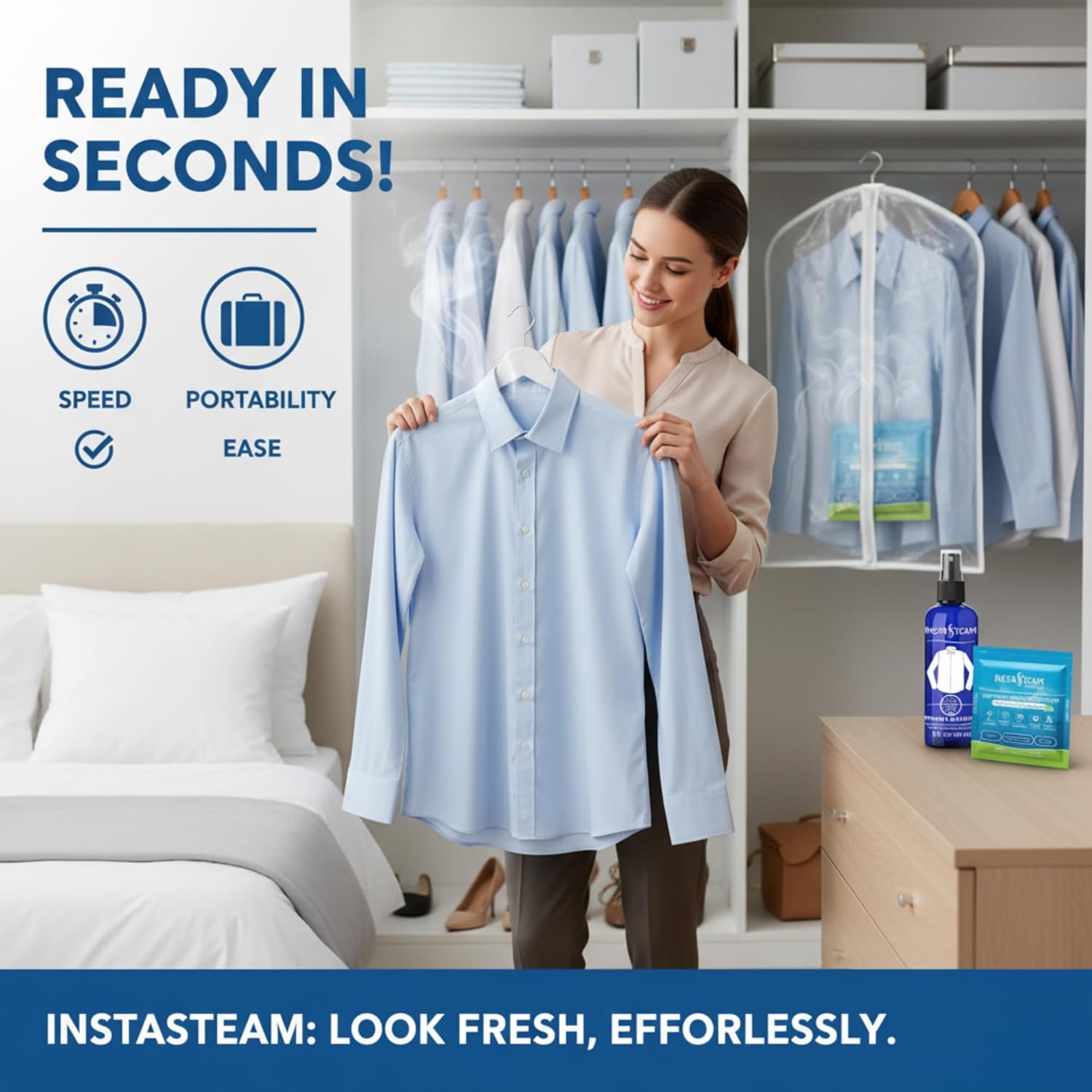 Electricity-Free Portable Travel Steamer For Clothes, Cruise & TSA Compliant, Kit including 3 Wrinkle Release Pods, Wrinkle Release Spray & Garment Bag, Mini Steamer, Eco-Friendly