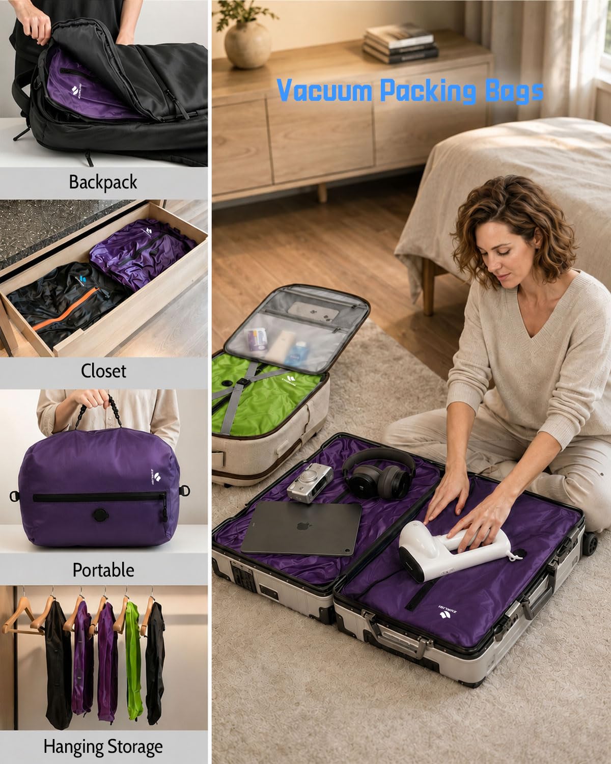 Zurligi Sacchetti di compressione sottovuoto con pompa da viaggio, impermeabili, riutilizzabili, manico rimovibile