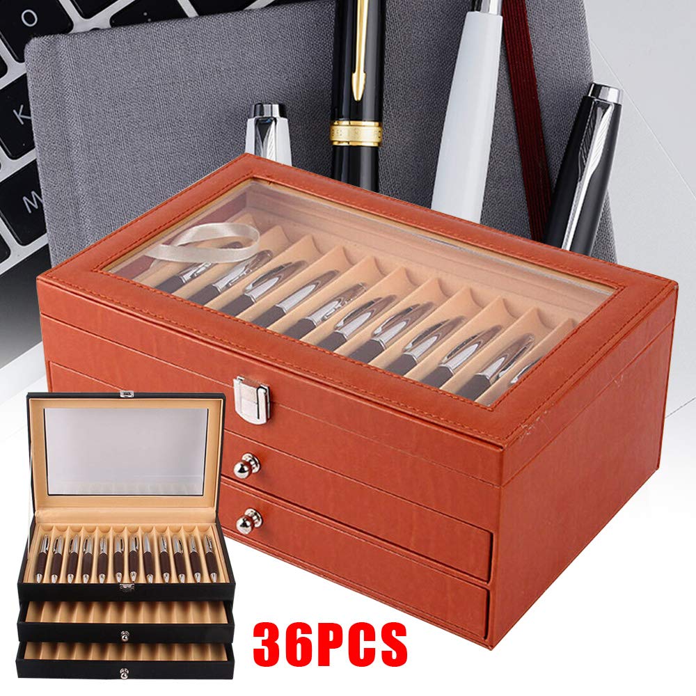 Stifthalterbox 36 Slot Stifte Sammelbox Füllfederhalter Stiftebox mit Anzeigefenster Geschenk Orange