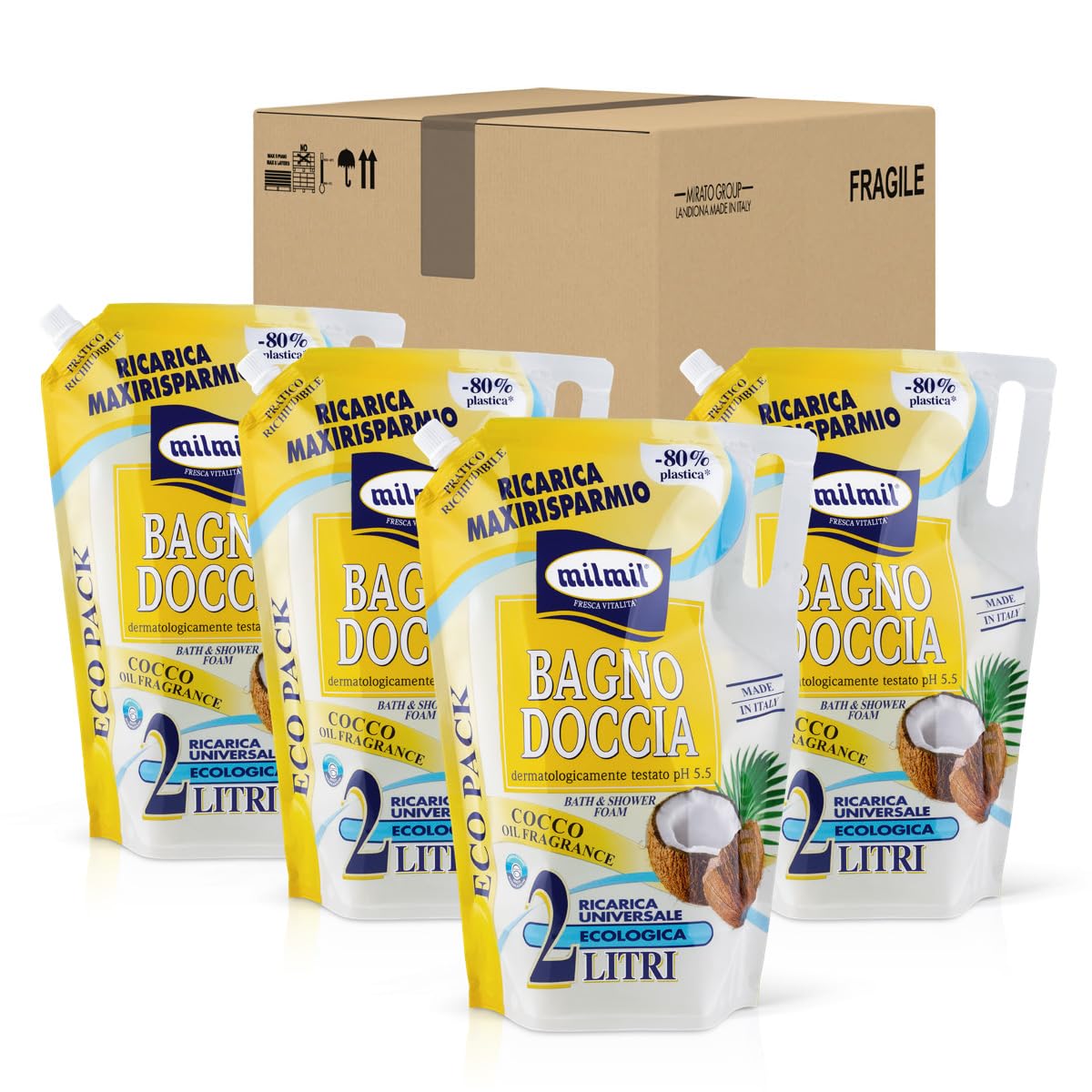 Milmil Bagno Doccia Cocco Oil, Detergente Profumato, Busta Ricarica Maxi, 4 x 2000 ML