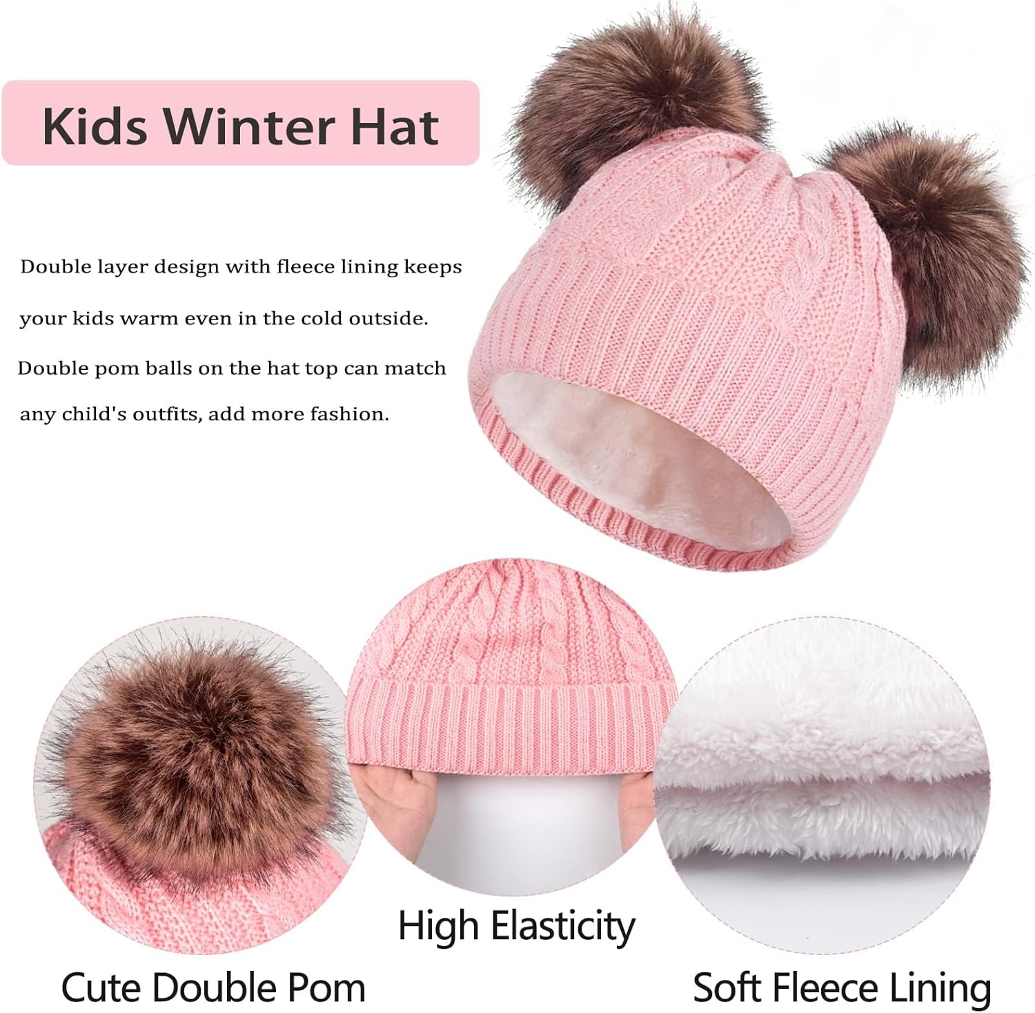 Kids Winter Hat Gloves Scarf Set, Knit Beanie with Pompom for Girls Boys Neck Warmer Thick Fleece Lining Thermal 2-10 Toddler - Image 3