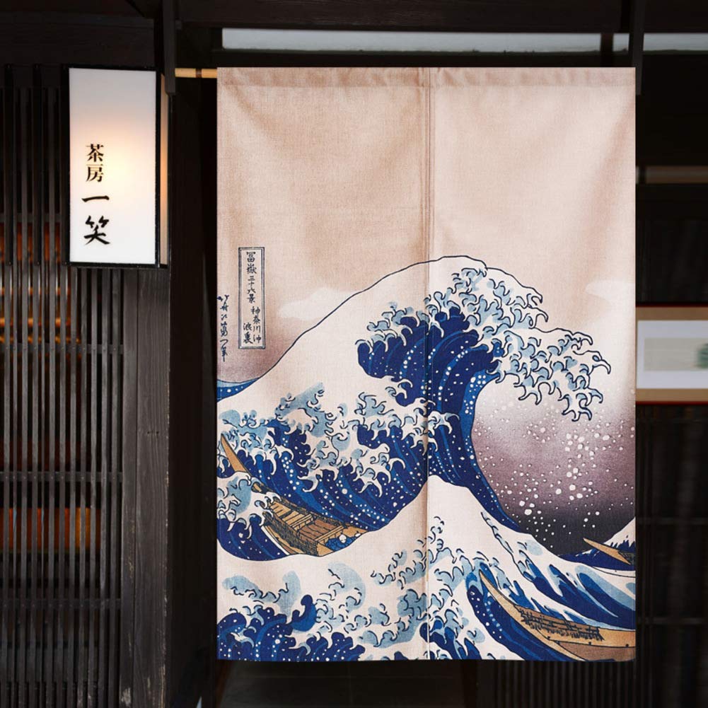 Rideau ukiyoe japonais noren de 70x120cm sur le thème de la Grande Vague de Kanagawa