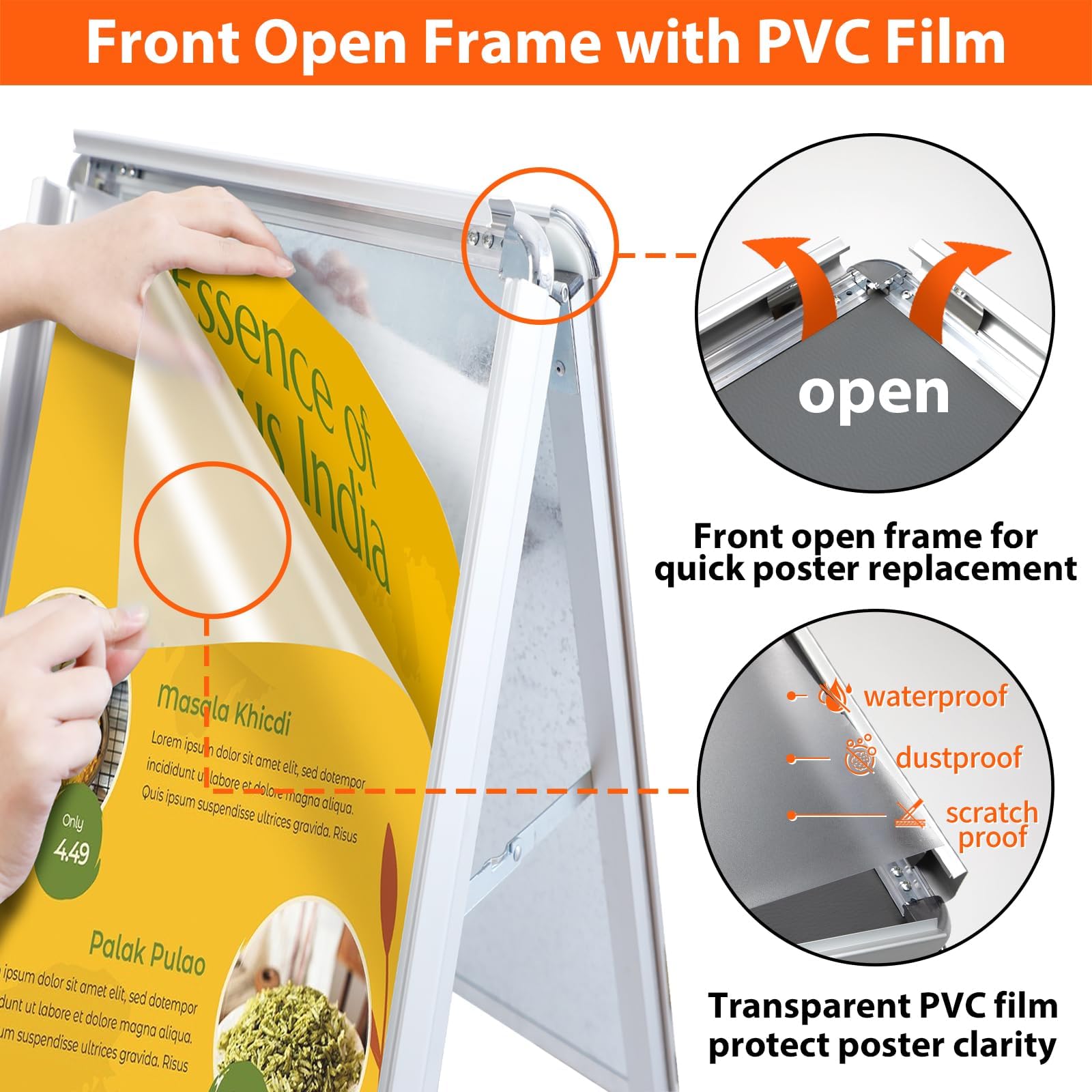 Letrero A2 A-Board Pavement, Caballete Publicitario Exterior, Tablero de póster de doble cara con marco de aluminio para soporte de exhibición, plateado