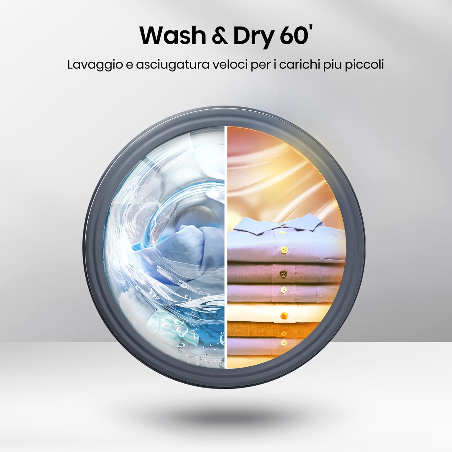 Graphic illustrating the Wash & Dry 60' feature, showing a washing drum on one side and neatly folded dry clothes on the other, indicating fast wash and dry.