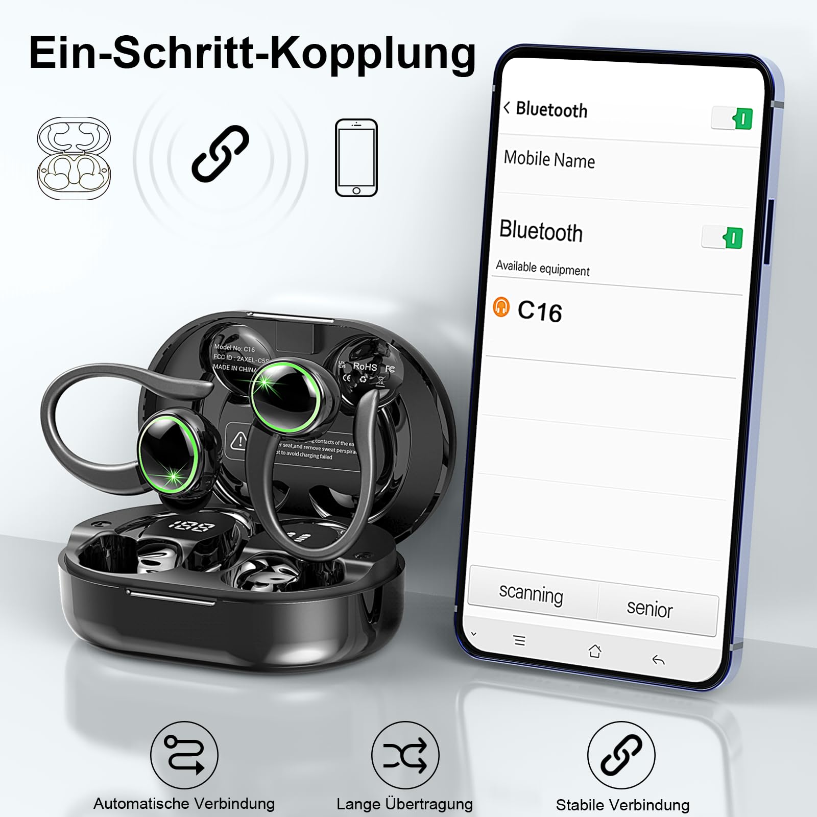 2026 Bluetooth Kopfhörer, Kopfhörer Kabellos Bluetooth 5.4 Sport tiefer Bass, 56 std Spielzeit In Ear Kopfhörer mit 4 ENC Noise Cancelling Mic, IP7 Wasserdicht Ohrhörer LED-Anzeige für Studium/Arbeit