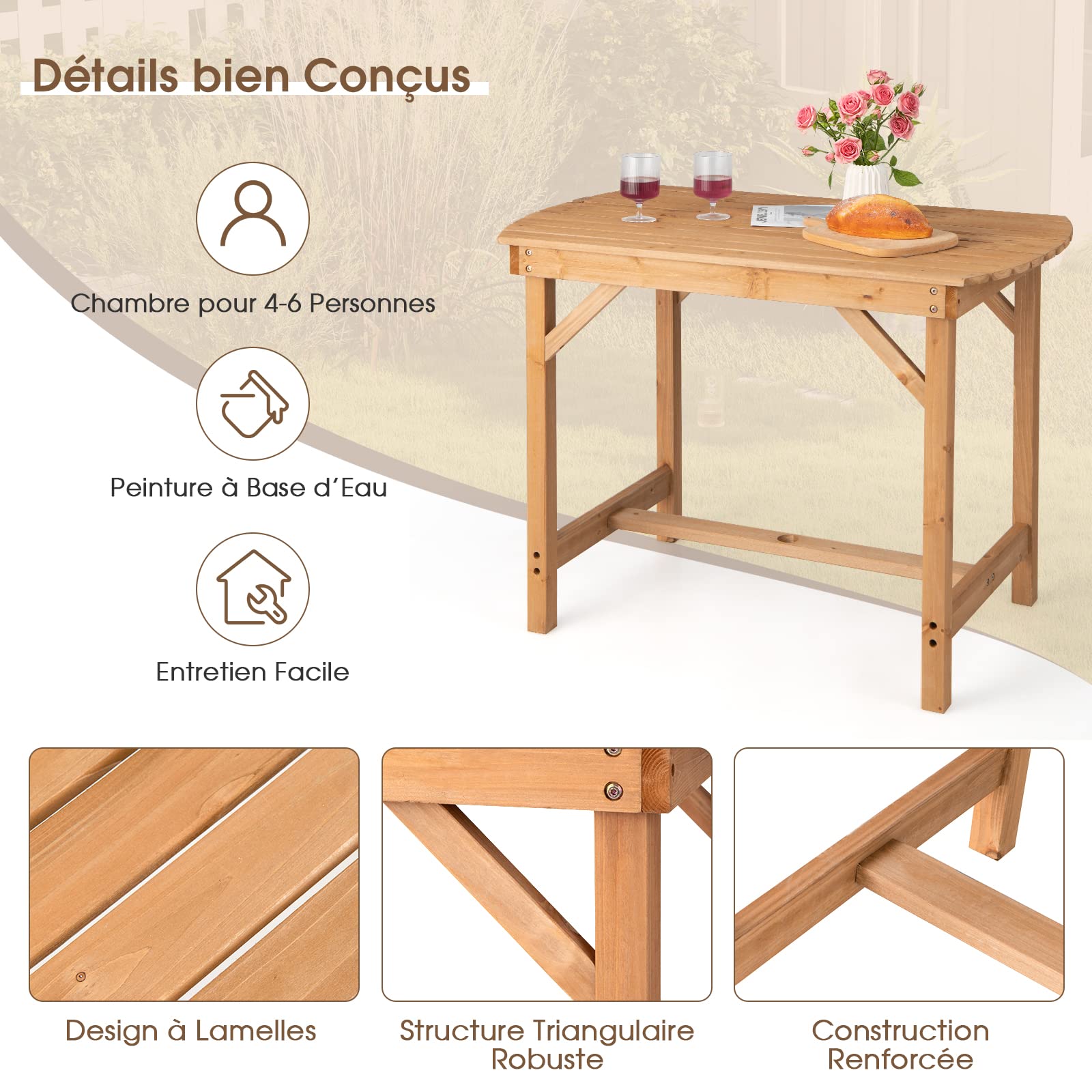 GOPLUS Table de Jardin en Bois de Sapin Massif 100X60X75 CM, Table de Salle à Manger Extérieure avec Trou de Parasol de 4 cm pour 4-6 Personnes, pour Pelouse, Patio, Jardin, Charge 180 KG