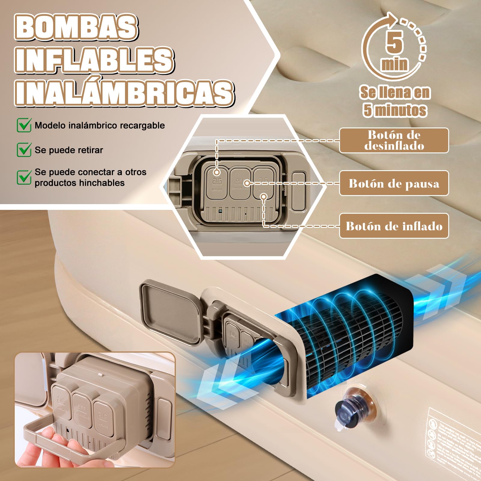 Charmofun Colchón Hinchable Matrimonio, Cama de Aire con Bomba Eléctrica, Colchón Inflable Rápido en 3 Minutos, Cama Hinchable 200×154×43cm Autohinchable para Camping O Uso DoméStico