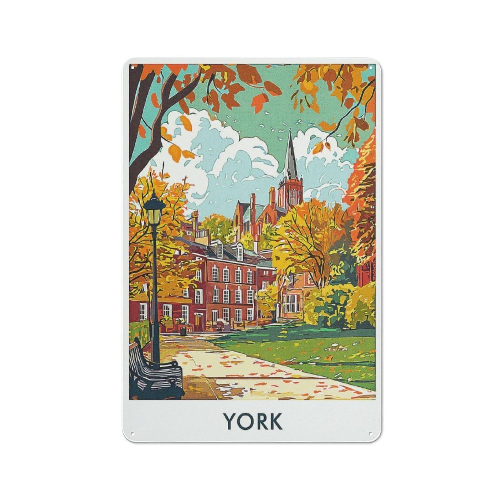 Junmoney Style-13 Tin Wall Plaque 30X20cm With York Cityscape Autumn For Café Or Restaurant, New Home Wall Decor For Hospitality Interior Collectors