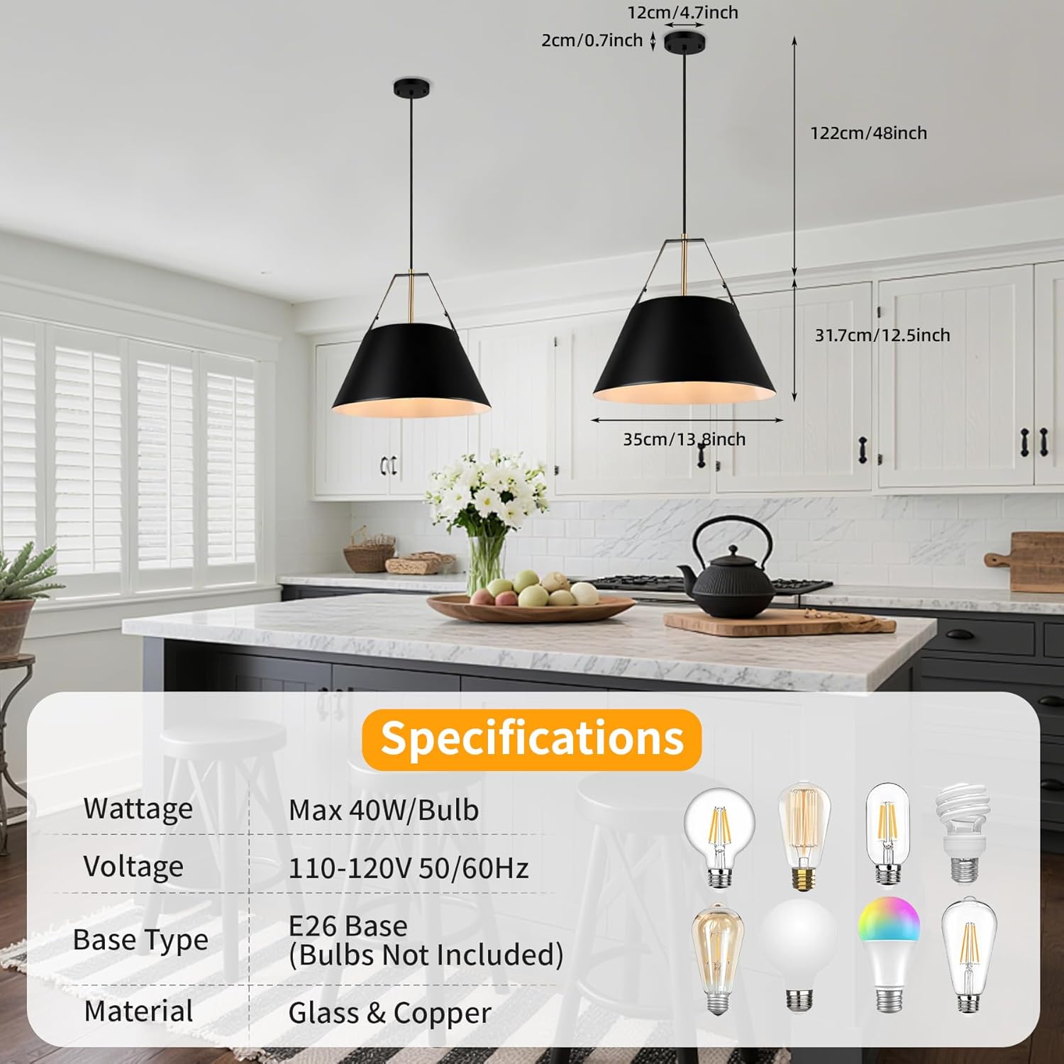 Modern Pendant Light for Kitchen Island, 13.8" Matte Black with Leather Strap Accents, Industrial Hanging Ceiling Lamp with White Finish, Adjustable Height for Dining Room Bar Sink, E26 Base