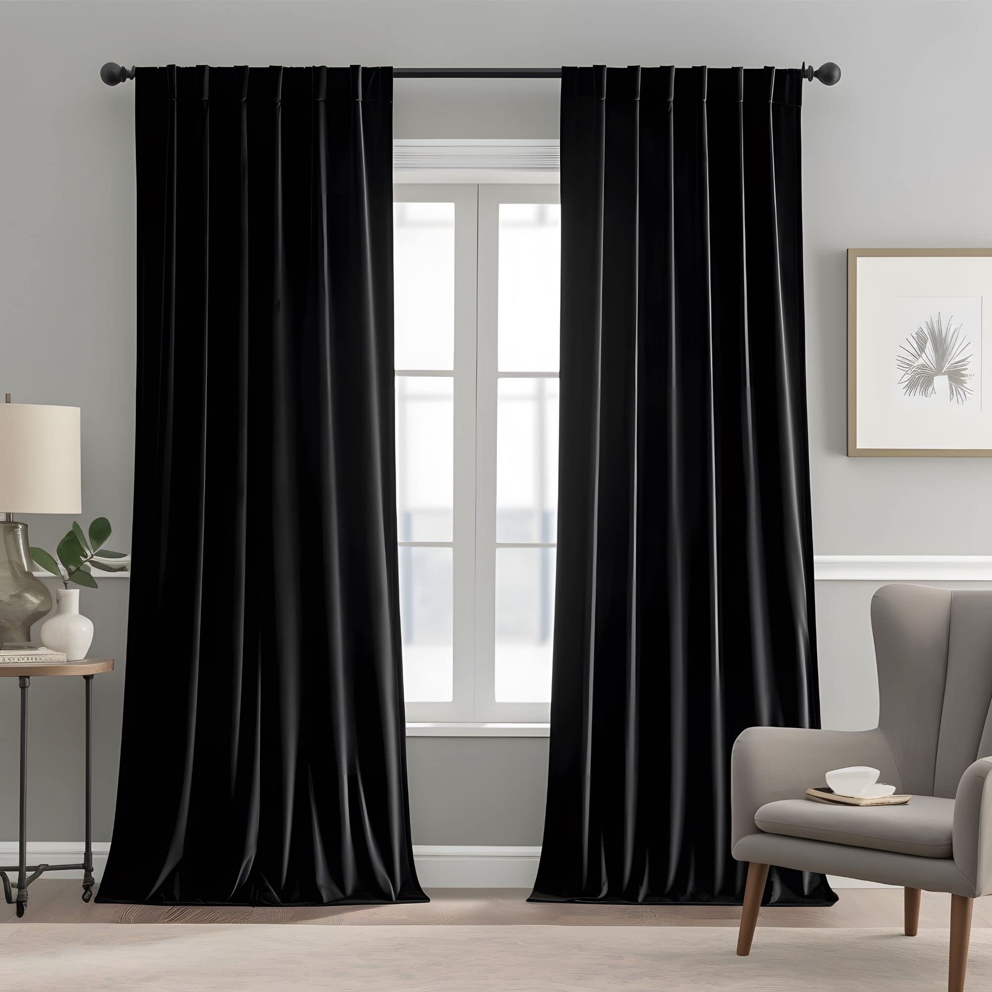 Aljctns Black Velvet Curtains 96 inches Long Luxury Blackout Curtains for Bedroom Living Room,Thermal Insulated Super Soft Window Drapes Rod Pocket &