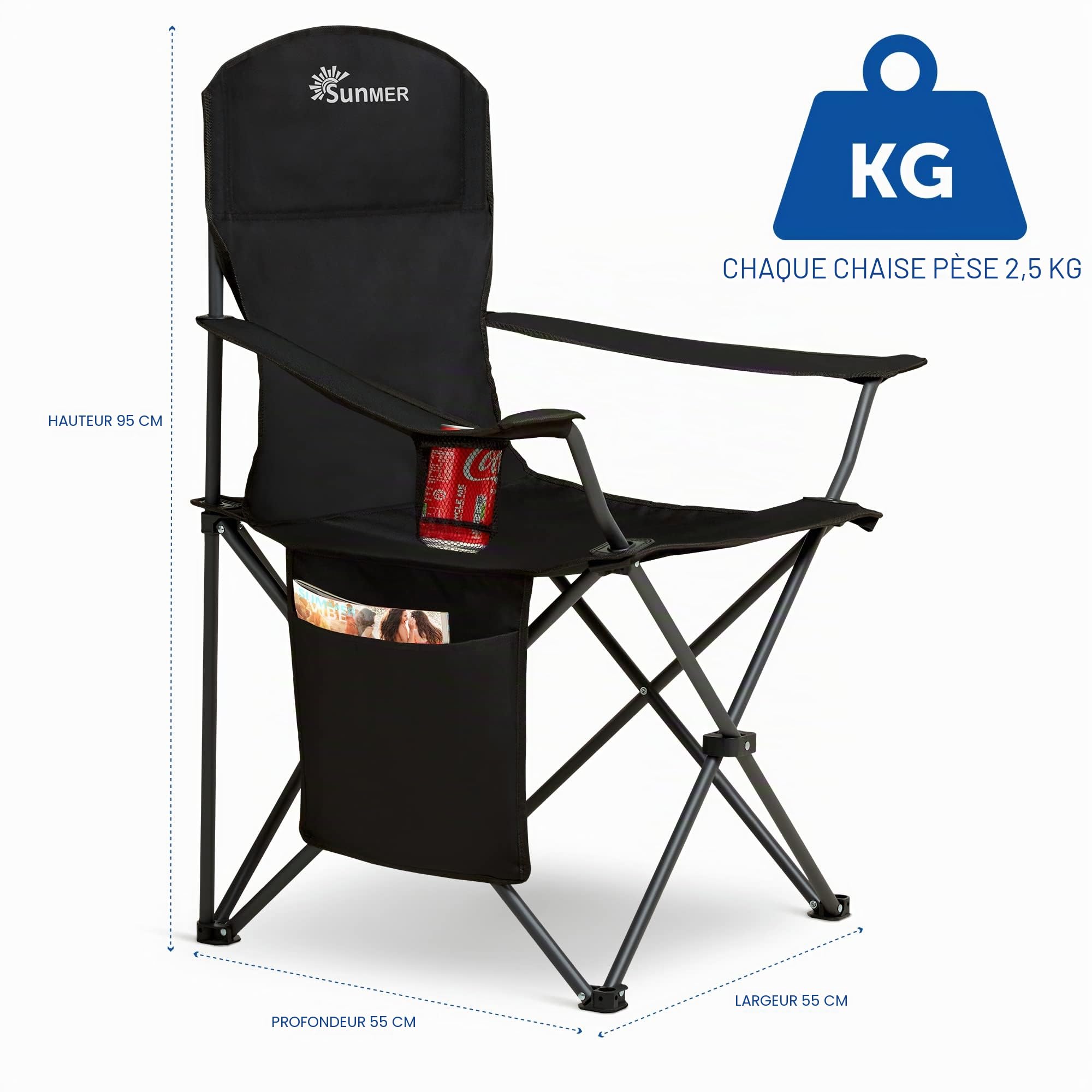 Sunmer Lot de 2 chaises de Camping Pliantes, Extra Larges et légères avec accoudoirs, Porte-gobelet et Poche latérale, capacité de 120 kg par Chaise – Noir