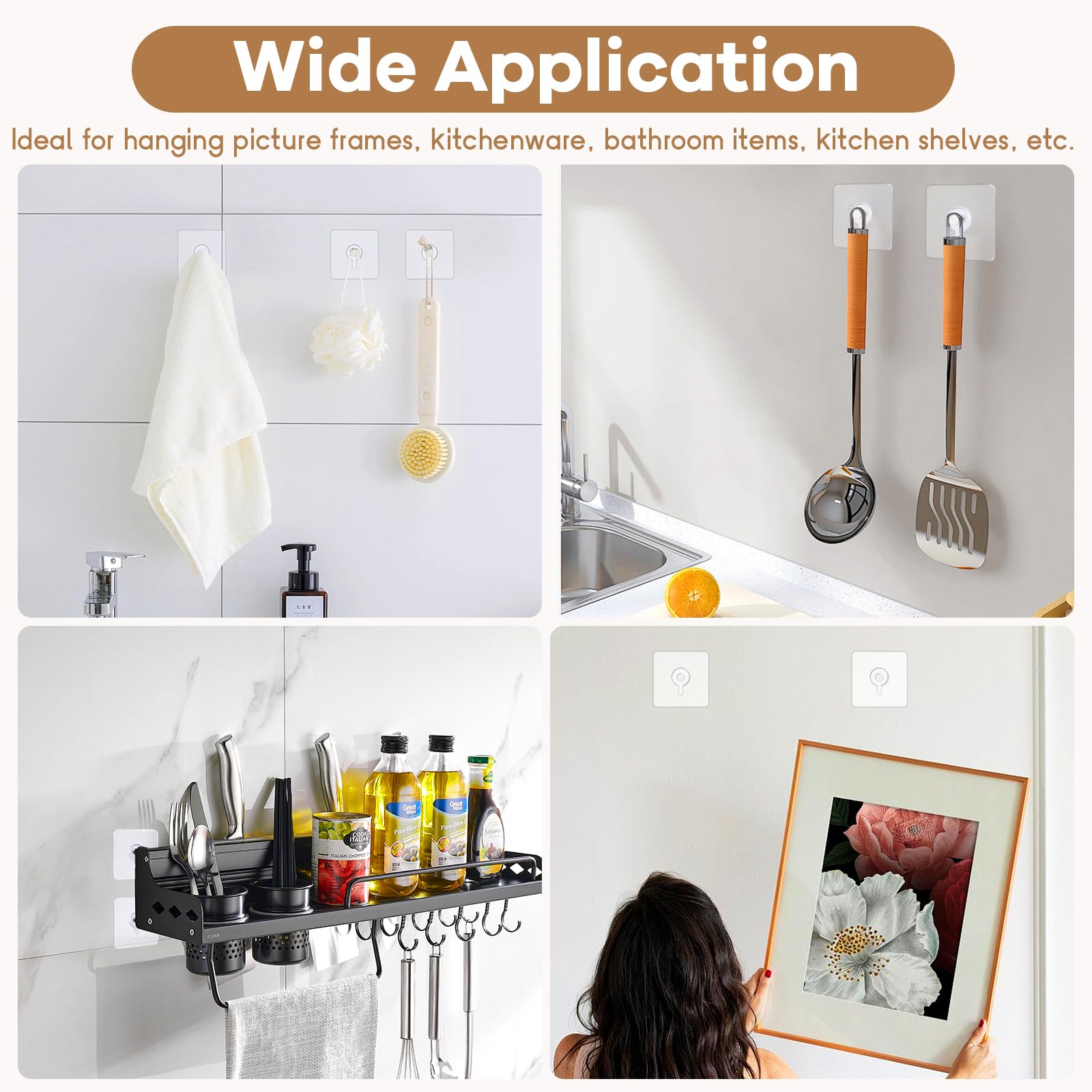22 Pcs Drill Free Adhesive Wall Hooks, 20 lb Capacity Picture Hanging Hooks, Heavy Duty Picture Hangers Without Nails Strong Hold for Bathroom, Kitchen & Entryway — view 7