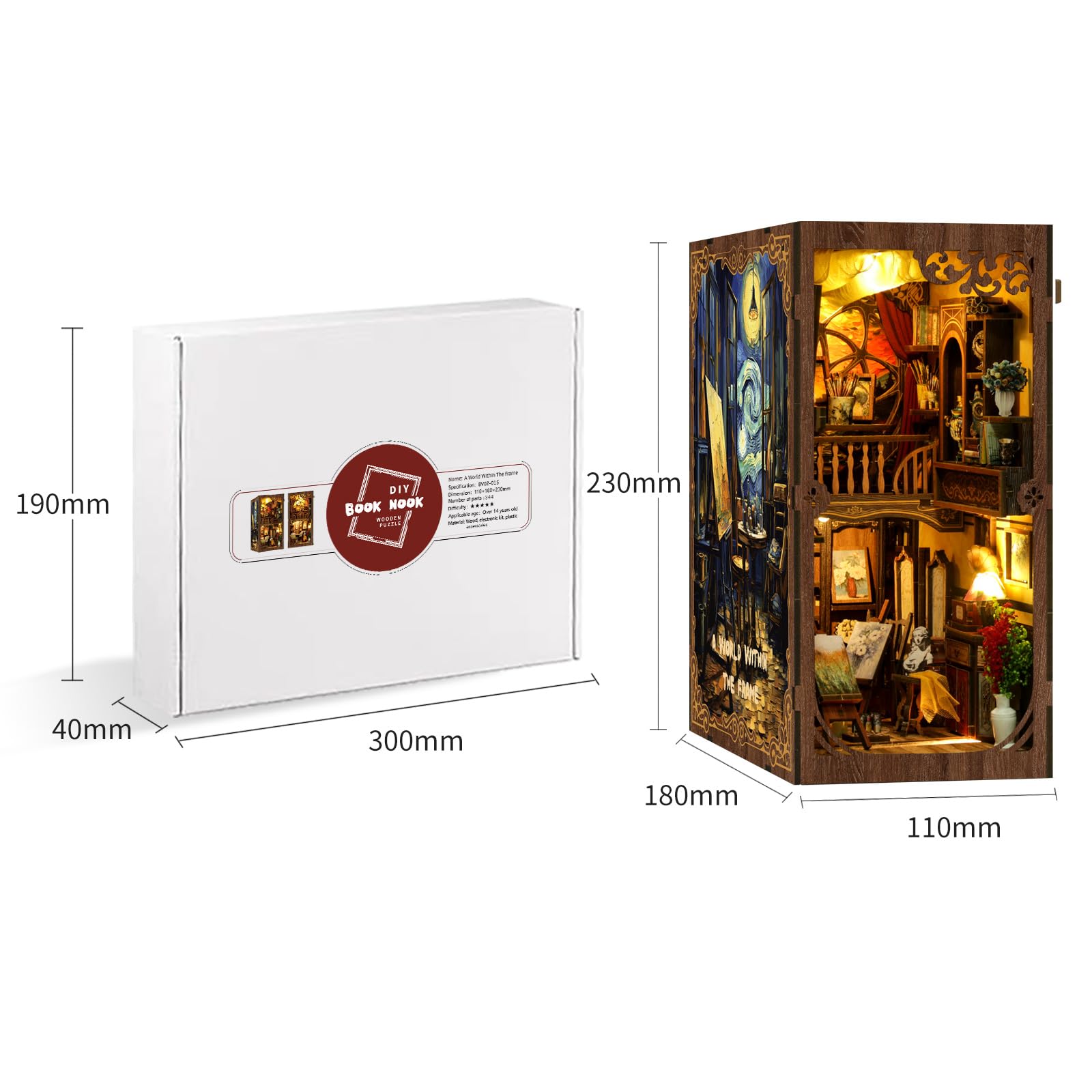 Kit fai da te, 344 puzzle in legno 3D, in miniatura, libreria, decorazione con lampada a LED, set fai da te per adulti, casa delle bambole fai da te (mondo nella cornice)