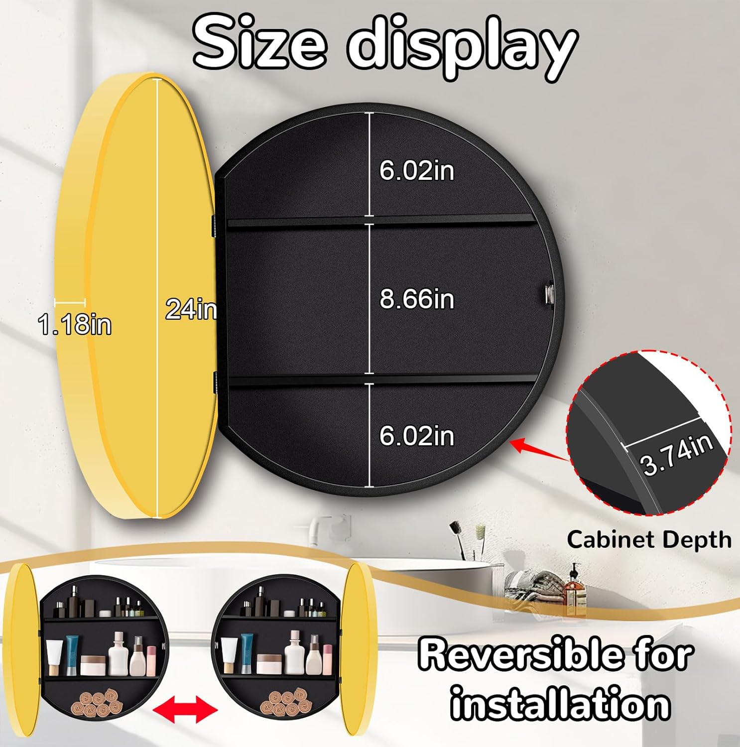 24 in Round Gold Medicine Cabinet with Mirror,Modern Bathroom Medicine Cabinet for Wall Metal Framed, Surface Mount Only Circular Storage Cabinet Shatterproof with Vanity Mirror
