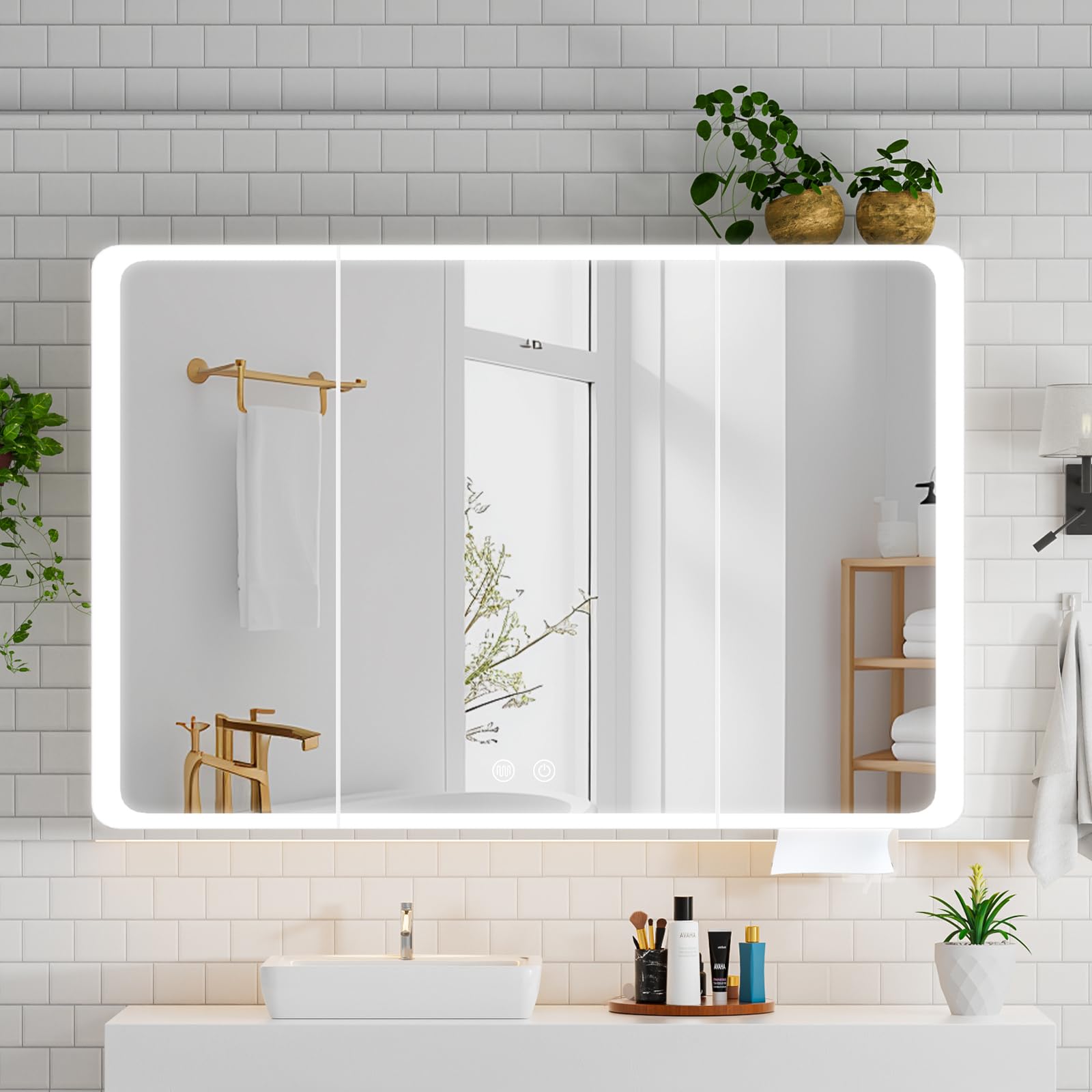 Umeiga White Medicine Cabinet with Lights, Pre-Assembled Bathroom Medicine Cabinets with Mirror, Lighted Bathroom Mirror with Storage, 28" H x 40" W x