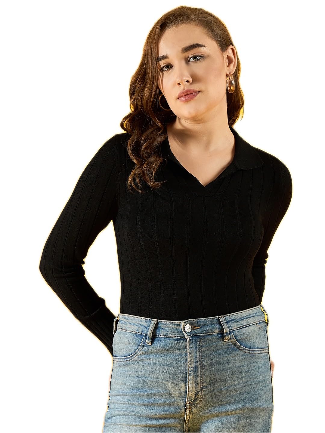 98 Degree Women Pure Cotton Collar Neck Sweater Has A Full Sleeve & Straight Hem-AW25AZG1154-BLACK 98 Degree Women Pure Cotton Collar Neck Sweater Has A Full Sleeve & Straight Hem-AW25AZG1154-BLACK