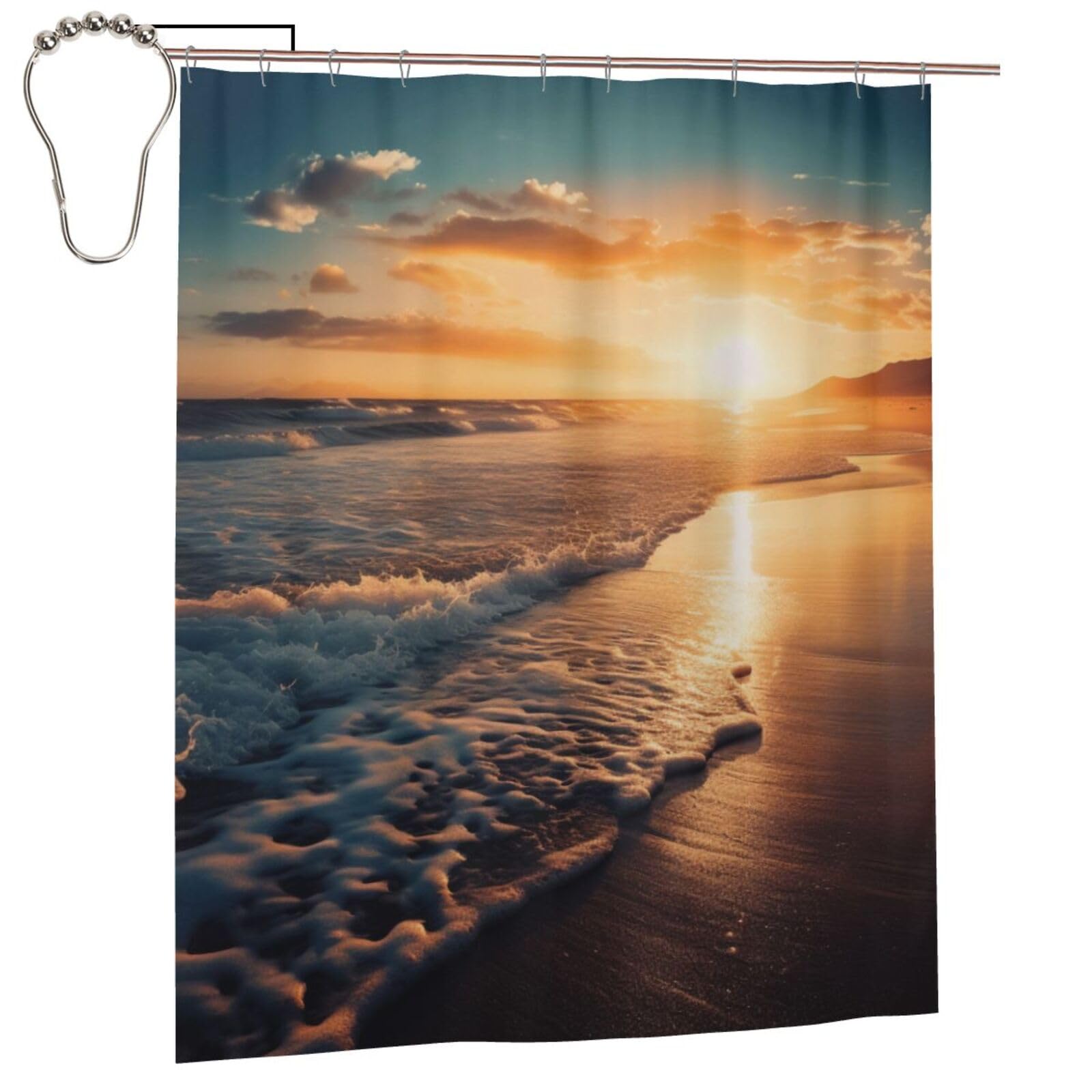 BWWHCCTI Sea Beach Sunset Printed Shower Curtain With 12 Iron Hooks Opaque Quick Drying Waterproof Shower Curtains Sets For Bathroom 152x183 Cm