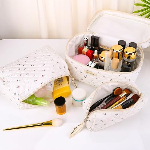 Miniatura 2 de Cessfle 3 bolsas de maquillaje acolchadas de algodón, bonita bolsa de maquillaje de cereza coqueta, bolsa de cosméticos grande con estampado floral