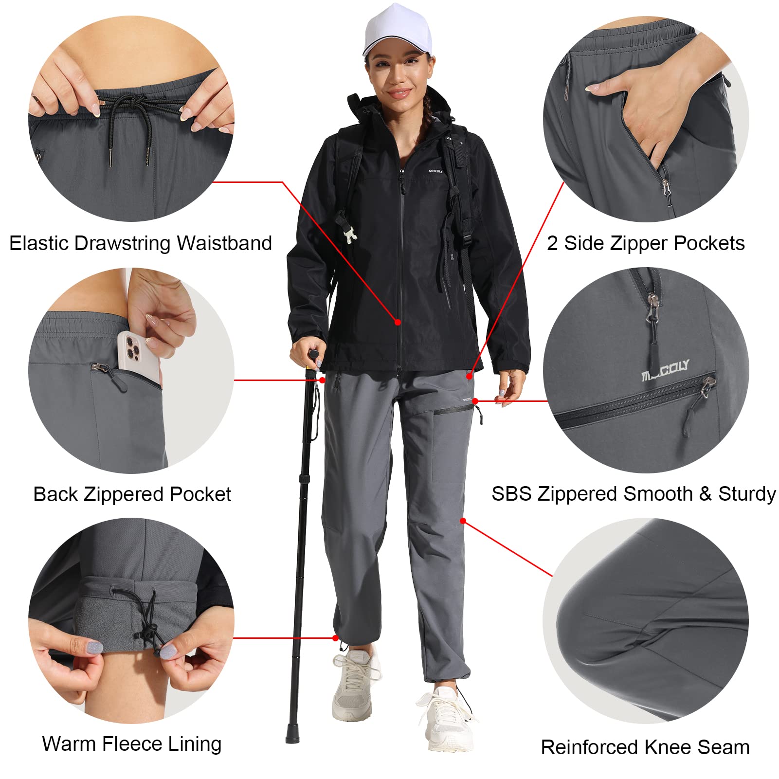 MOCOLY Damskie Zimowe Spodnie Narciarskie Ciepłe Polarowe Podszyte Softshell Spodnie Trekkingowe Wodoodporne Spodnie Outdoorowe Cargo Sports Pants na narty myślistwo na zewnątrz