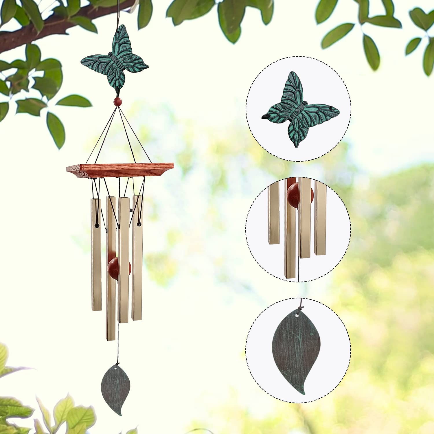 Butterfly Wind Chimes Outdoor, Small Memorial Wind Chimes with 4 Square Metal Tubes for Patio Home Yard Porch Window,Housewarming Hanging Decor,Christmas,Bird Collection