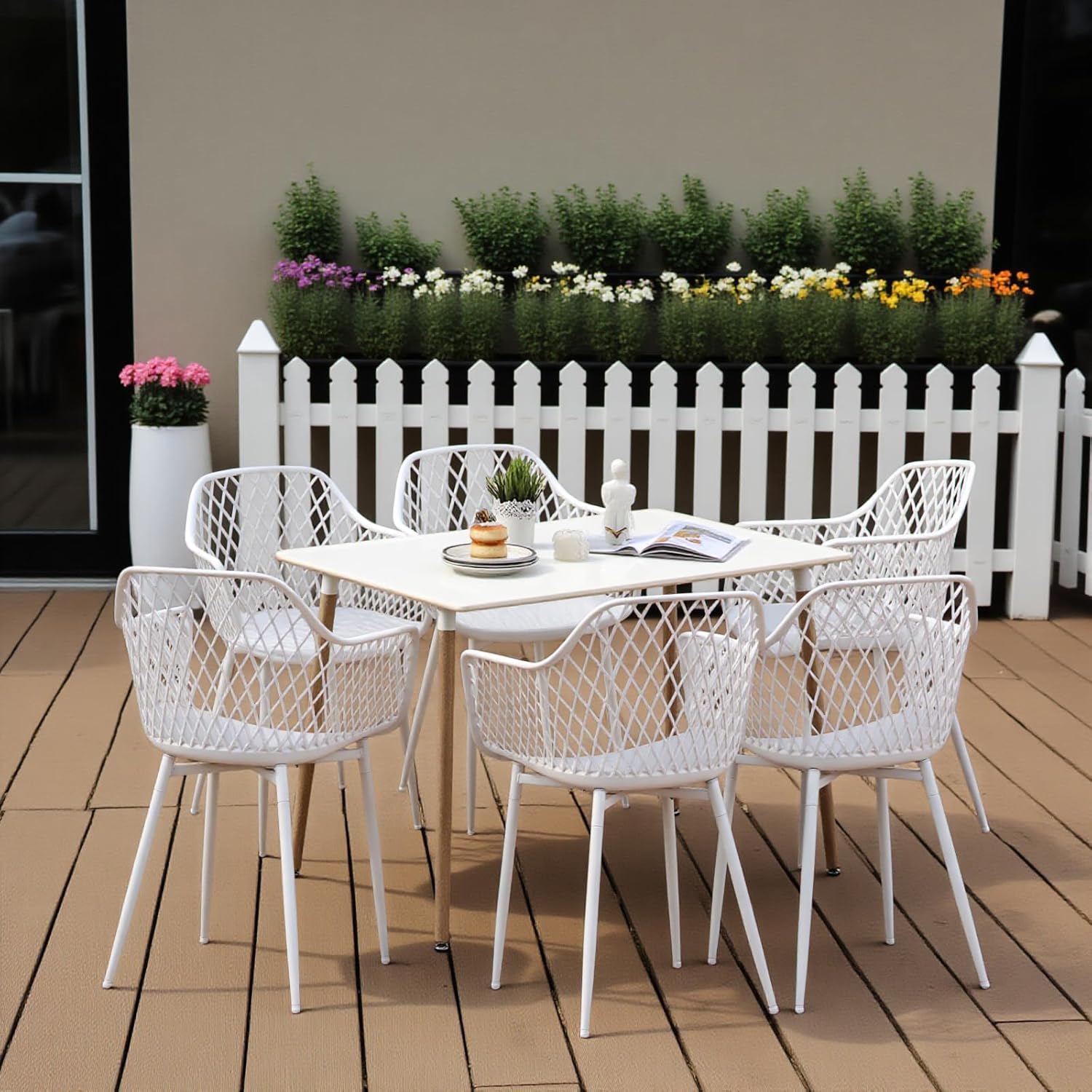 buybyroom Sedie da Giardino, Set di 6 Sedie da Esterno con Braccioli, per Giardino, Soggiorno, Sala da Pranzo, Bianco