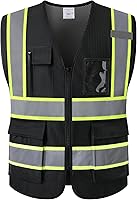 Vista 8 de Chaleco de seguridad reflectante negro para mujeres con 8 bolsillos y cremallera de malla de alta visibilidad chaleco de trabajo de construcción