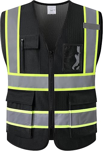Kazsaifo Chaleco de seguridad reflectante para hombres y mujeres, con 5 bolsillos y cremallera frontal, chaleco de malla de alta visibilidad, disponible en Yaxa Peru